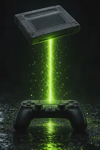 Old cartridge and modern controller joined by a beam of light