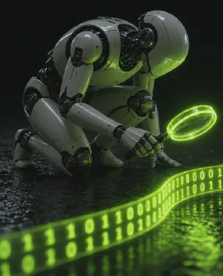 Robot with a glowing magnifier examining a strip of zeros and ones