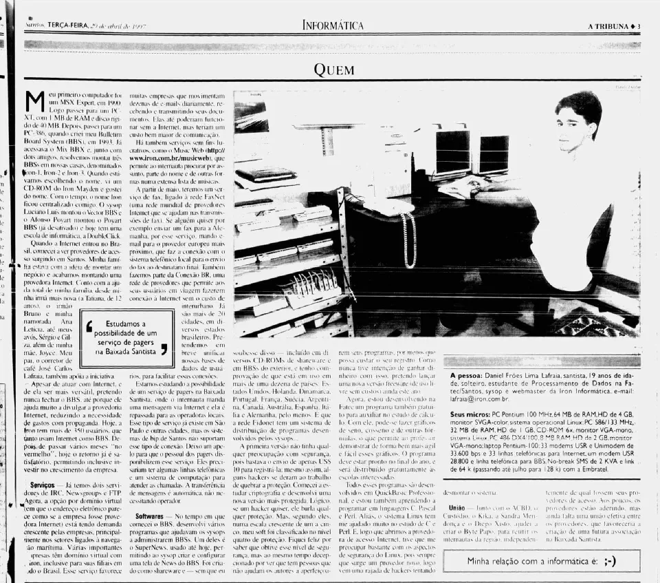 A Tribuna Newspaper 1997 Half page newspaper article about Iron Internet Service Provider